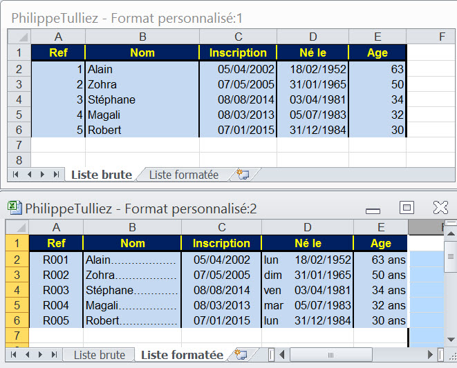 Excel Tools - Format personnalisé - Brute + formaté